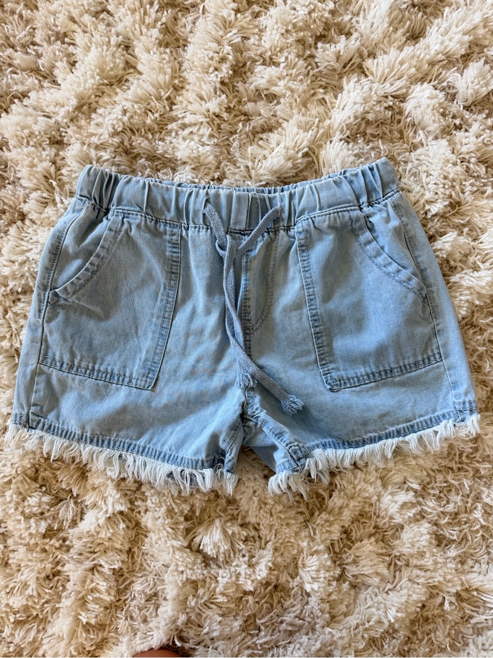 Casual Light Blue Denim Drawstring Frayed-Hem Shorts